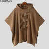 Inderun Men Cloak Płaszcze Solidny kolor przycisku z kapturem Nieregularny wykop ponchos streetwear luźne moda swobodna męska peleryna s-5xl 240304