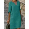 Abiti casual Abito vintage in cotone e lino Donna Moda estiva scollo a V manica a tre quarti Mini abiti corti larghi da donna