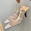 Yaz Vintage Kadınlar Yüksek Sandalet Kare Toe Pist Marka Tasarımcısı Sıcak Satış Hava Kafesi Kristal Dekor Slingback Kadınlar Parti Elbise Moda Sandalet