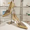 RENE CAOVILLA Модные сандалии Дизайнерские женские свадебные туфли на высоком каблуке 9,5 см, украшенные кристаллами, натуральная кожа, острый носок, ремешок на щиколотке, пряжка, платье, коробка для обуви