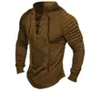 Men's T Shirts Men Ruched Top Long Sleeve Solid Color Vintage Style Stand Collar Lace-up Pullover With Pleated For Casual