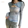 Dames-T-shirts Verfijnd transparant mesh-shirt met lange mouwen Trendy bloemenprint-tops voor dames