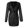 Robe Sexy col en V profond robe à paillettes femmes mode bouffée à manches longues taille haute mince mini robe crayon femmes élégantes robe de soirée