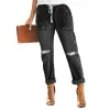 Calças de brim moda angustiado joelho rasgado feminino verão buracos calças soltas cordão cintura elástica bolsos longo lápis jeans calças