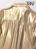 女性のためのトラフメタリックシャツ長袖フロントボタン女性ブラウスシックトップスファッション240301