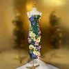 Vestidos casuais básicos marca de moda europeia verde escuro seda floral impressão apertado encaixe deslizamento midi vestido 240304