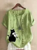 Bluse Elegante Gitarre Musik Katze Druck Baumwolle Leinen Hemd Sommer Frauen Casual Kurzarm ONeck Knopf Blume Pullover Mode straße