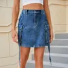 Jupes Mode Bleu Profond Cargo Denim Jupe Femmes Été Couleur Unie Taille Haute Bandage Avec De Grandes Poches Mini Vêtements De Rue