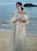 Partykleider Weiß Urlaub Lose Puff Kurzarm Plissee Kleid Lässig Lange Elegante Koreanische Mode Kleidung Sommer 2024