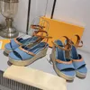 12cm Helios Wedge Sandals New Women Platform Heels Designer Shoes Blue Denim Summer Beach Sandal Braided Rope Sole Fashion Letter Printing Check Canvas Leather 35-24