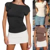 Women's T Shirts Women Summer Tank Tops Slim Fit Basic Crop Short Sleeve Crew Neck Tee Shirt Ruched Draswting Vest Top Streetwear