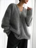 Women's Knits Vintage Mohair Cardigans For Women Fashion Long Sleeves Single Breasted Loose Sweater 2024 Winter Chic High Streetwear Jumpers