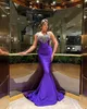 2024パープルイブニングドレスはセクシーなスパゲッティストラップマーメイドクリスタルビーズアラビアの女性フォーマルイブニングドレスを着る
