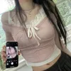 Kvinnors T-skjortor Y2K Lace Patchwork Kontrast Färg Cropped Top Pink Korean Style Slim-Fit Sticked Tops Coquette Eestetisk långärmad