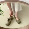 Casual Shoes Sandals Women Elegant Green Beige Square Heel Vintage Toe Leather Woman Fashion Ladies