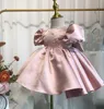 Jewel Satin Knee-length Short Sleeve Flower Girls' Dress Princess Wedding Party Christmas Dresses Girls' First Birthday Dresses