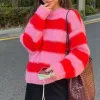 Pullovers Candy Color Knitted Striped Sweater Women O Neck Long Sleeve Korean Sweet Pullover Jumpers Female Sueter Mujer Lazy Style