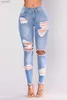 Jeans da donna Jeans da donna Celebrity stranieri Slim Fit con fori Export Nappe Pantaloni per la bocca del piede Commercio online 240304