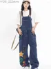 Jeans Jeans Loose Straight Strap Blue Denim Hip Hop Suspender Trousers Streetwear Female Print Jumpsuit 240304