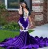 Sexy Lace Appliques Mermaid Black Girl Purple Prom Dress Veet Beads Sheer Mesh Fily Farty Gowns Robe de Bal