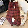 Women's Pants Woolen Grid Pattern High Waist Chic Retro Style Young Girl Wide-leg Bottoms Female Casual Straight Plaid Trousers