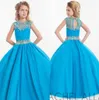 2022 Rachel Allan Girls Pageant Vestidos para Adolescentes Ilusão Pescoço Cap Manga Cristal Beades Rosa Longo Festa Crianças Flor Menina Vestido HY9488734