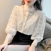 Spring Sweet Hollow Out Lace Patchwork Blus Autumn Button White Top Women Blusa Petal Sleeve Flower Stand Collar Shirt 12419 240229