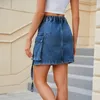 Jupes Mode Bleu Profond Cargo Denim Jupe Femmes Été Couleur Unie Taille Haute Bandage Avec De Grandes Poches Mini Vêtements De Rue