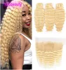 Brazilian Virgin Hair 3 Bundles With 13X4 Lace Frontal Blonde Deep Wave Curly 613 Color Pre Plucked Frontals With Hair Extensions8281943