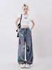 Women's Jeans Hole Women Casual Graffiti Soft High Waist Chic Vintage Pants Female 2024 Spring Korean Wide Legs Straight Jean Lady