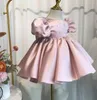 Jewel Satin Knee-length Short Sleeve Flower Girls' Dress Princess Wedding Party Christmas Dresses Girls' First Birthday Dresses