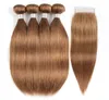 30 средних каштановых пучков человеческих волос с застежкой Бразильские прямые человеческие волосы 1624 дюйма 3 или 4 пучка с кружевом 4x49649073