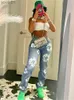 Women's Jeans Jeans Akaily Fall Floral Streetwear Blue High Waist Baggy Ladies Solid Casual Straight Long Pants 240304