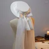 Bérets haut-de-forme et voile pour douche nuptiale, blanc, enterrement de vie de jeune fille, perles françaises à large bord