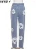 Dżinsy damskie dżinsy Akaily Fall Floral Streetwear Blue High talia workowate panie solidne proste długie spodnie 240304