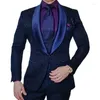 Men's Suits Floral Jacquard Men Slim Fit 3 Piece Navy Blue Groom Tuxedo For Wedding Party Male Fashion Jacket Waistcoat Pants 2024