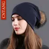 Nieuwe vrouwen Beanie Hoed Herfst Wasbeer Bont Pompom Slouchy Katoen Mutsen voor Femme Winter SkulliesBeanies met Echte Pompom Ba265v