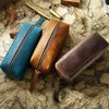 First Layer Cowhide Pencil Bag Square Retro Crazy Horse Leather Zipper Simple Largecapacity Case Stationery 240227