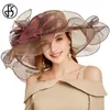 FS Organza été église chapeaux pour femmes élégant grand Large bord dames Vintage Fedoras avec grande fleur rose chapeau de plage Y200714223S