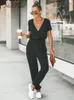 MISS PETAL V-neck Short Sleeve Jumpsuit For Woman Casual Long Jogger Pants Playsuit Summer Overalls Bodysuits Rompers 240304