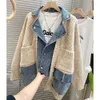 2023 novo outono inverno emenda denim mulheres manga longa jean jaquetas feminino solto camisola cardigan jaqueta