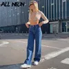 Women's Jeans ALLNeon Streetwear Argyle Plaid Baggy Jeans Aesthetics Waist Blue Denim Trousers Indie Pants Skater Outfits 240304