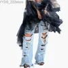 Jeans mit hoher Taille, zerfetzte Lochkanten, gerade Hose, Distressed Boyfriend-Jeans mit Rissen 240304