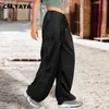 Calça Feminina CM.Feminino fashoin bolso lateral cordão cintura ruched carga reta 2024 feminino streetwear ativo safari