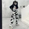 Street Hip-hop Harajuku Girl Cow Print Oneies For Women Black White Plaid Overalls Casual Jumpsuit Trousers Baggy Pants 240304