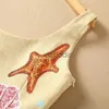 Grundläggande avslappnade klänningar 2024 Summer ärmlös rund hals Multicolor Starfish Crab Print Panelen Fjäder Kort klänning Eleganta Casual Dresses 240304
