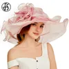 FS Organza Summer Church Hats for Women Eleganckie duże, szerokie brzegi damskie fedorowie z dużym kwiatem różowym kapeluszem plażowym Y200714275C