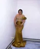 Arabic Aso Ebi Gold Mermaid Prom Dresses Beaded Crystals Evening Formal Party Second Reception Birthday Engagement Gowns Dress