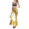 Women's Pants 2024Women Sexy PU Leather Metallic Shiny Holographic Flare Lady Elastic Waist Flared Trousers Dance Performance Club