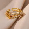 Anéis de cluster Long Strip Zircon para mulheres moda coreana aberta anel de aço inoxidável 2024 tendência banda de luxo jóias de casamento anillos mujer